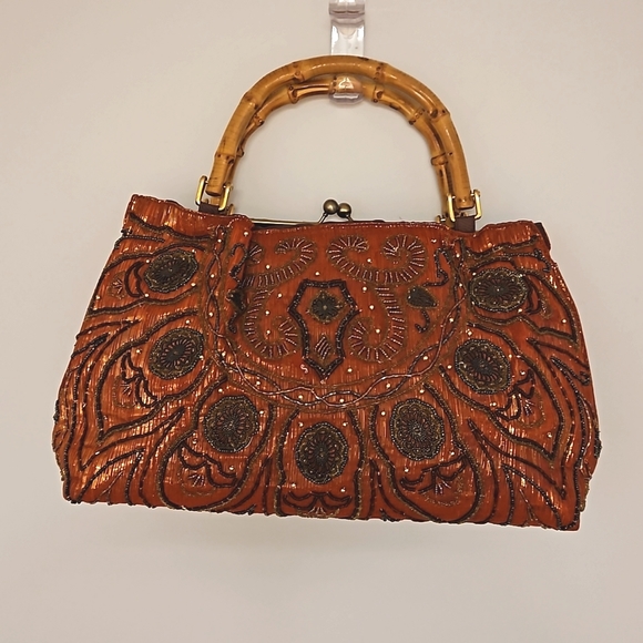 Vintage beaded metal and lurex accents bamboo handle purse clutch bag - Picture 6 of 15